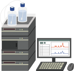 An illustrated graphic of a high performance liquid chromatography machine (HPLC) used for cannabis potency testing
