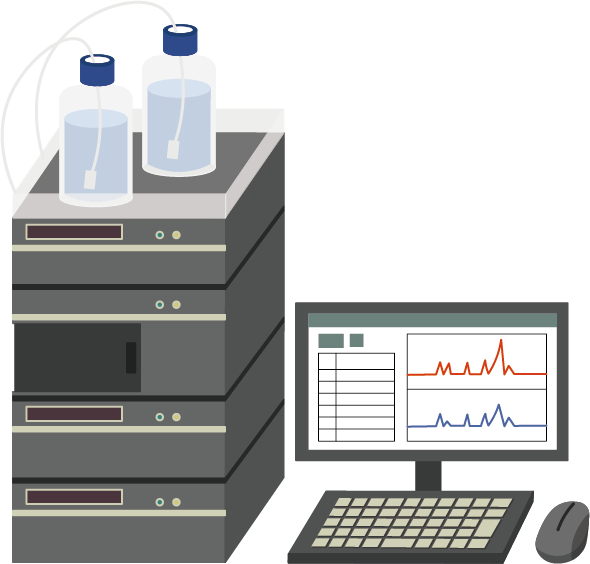 An illustrated graphic of a high performance liquid chromatography machine (HPLC) used for cannabis potency testing and psychedelic potency testing.