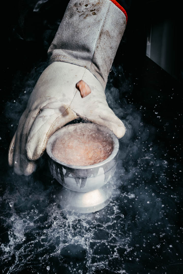 An image of an edible cannabis gummy sample being dropped into liquid nitrogen