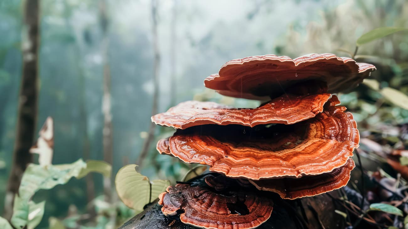 A moody photo of some reishi mushrooms growing on a tree in a forest
